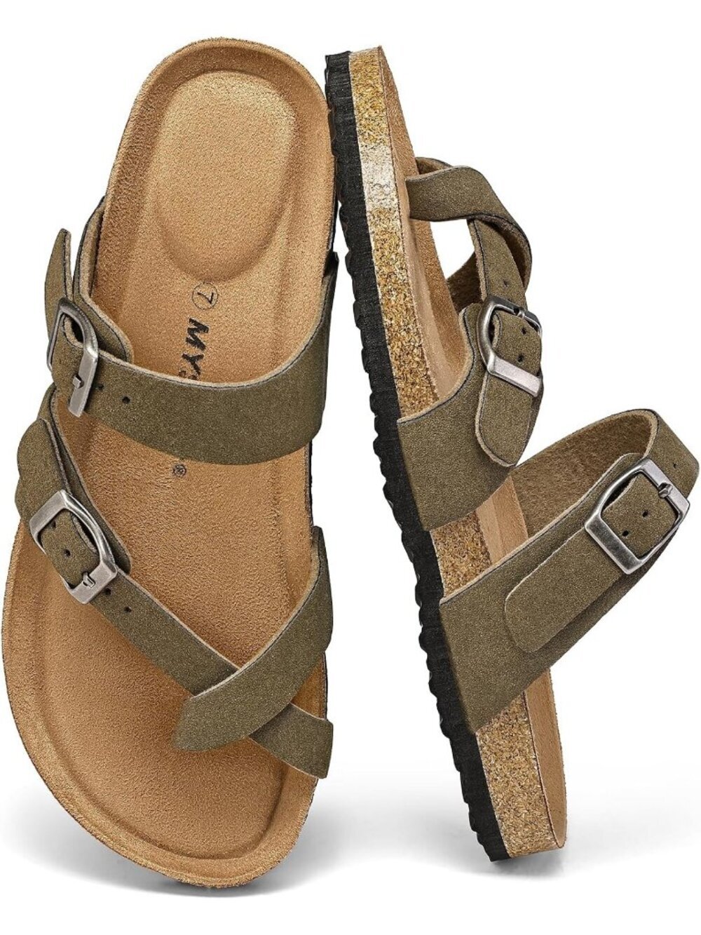 Women's Olive Double Adjustable Buckle Slide Cork Footbed Slip On Sandal Shoes